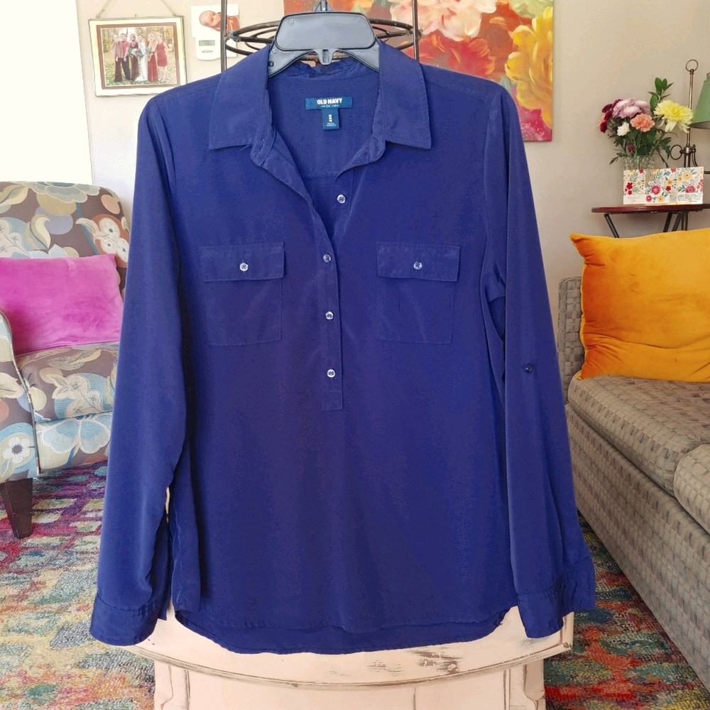 OLD NAVY Half Button Down Shirt Navy 💙 With Sheen